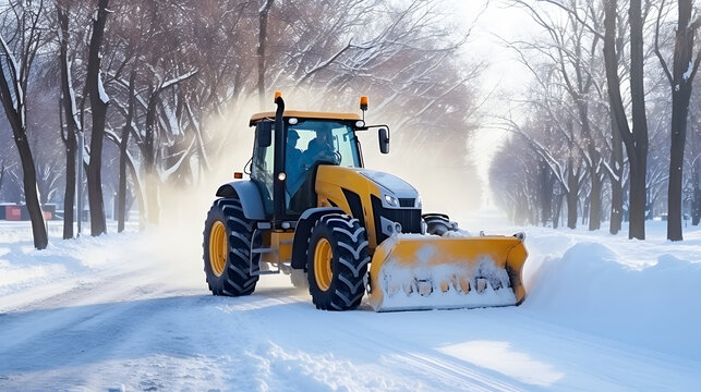 snow removal equipment, a yellow tractor with a bucket cleans snow from the road. cleaning snowdrifts from the street in winter. special equipment.