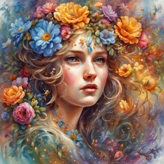 beautiful woman in a flower dress with a wreath of flowers beautiful woman in a flower dress wi - obrazy, fototapety, plakaty