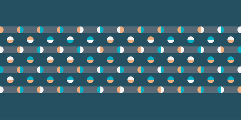 Colourful Polka Dot Border design on a striped background. Vector regular pattern. Simple seamless Truchet structure.  Great for interior and fashion fabrics and wallpaper.