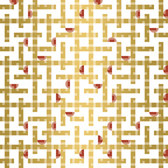 Modern geometric seamless vector pattern with golden rectangular maze texture and red semi-circles on white background. Suitable for wallpaper, prints, wrapping paper and textiles.