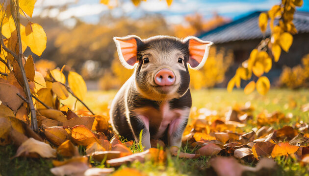 Lindo y tierno cerdito bebe rosa mirando a la c&aacute;mara en un atardecer en oto&ntilde;o con hojas oto&ntilde;ales en el suelo
