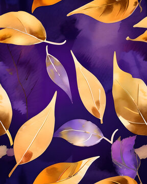 Fototapeta Abstrakcyjne tło fioletowe, złoty liść, akwarele