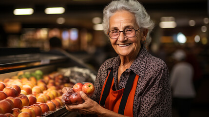 Older lady working happily in a greengrocer. Grandmother working selling apples in a store. Active retiree performing sales tasks. Active and vital woman. Concept of active old age, vitality, happin - obrazy, fototapety, plakaty