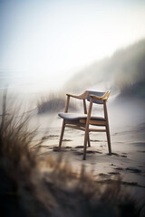 a brocken chair sticking out of the sand on the beach fog, Generative AI