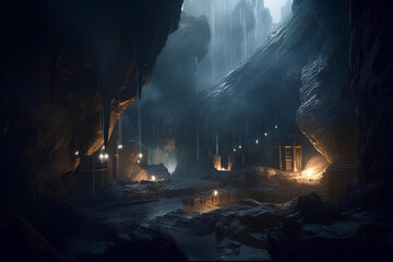 Dwarven mithril mine vast underground, Generative AI