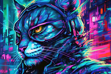 neon graffiti painting close-up cyberpunk bobcat edgy, Generative AI
