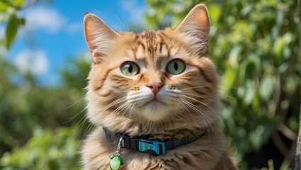 Gato rayado de ojos verdes sentado en un verde prado con pasto largo al atardecer - obrazy, fototapety, plakaty