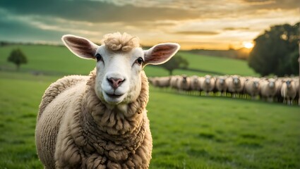 linda oveja con mucha lana en un prado verde sonriendo feliz mirando a la camara al aire libre, atardecer