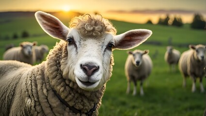 linda oveja con mucha lana en un prado verde sonriendo feliz mirando a la camara al aire libre,...