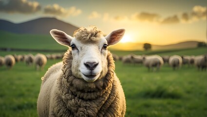 linda oveja con mucha lana en un prado verde sonriendo feliz mirando a la camara al aire libre, atardecer - obrazy, fototapety, plakaty