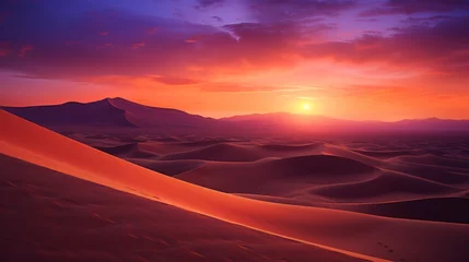 Foto op Plexiglas A panoramic view of a desert at sunset, with towering sand dunes casting long shadows. The sky is ablaze with hues of orange, red, and purple, contrasting with the golden sands. © AD Collections