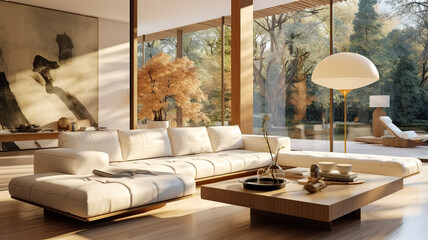  White sofa against floor to ceiling window. Hollywood glam, mid-century style home interior design of modern living room in villa in forest, Generative AI