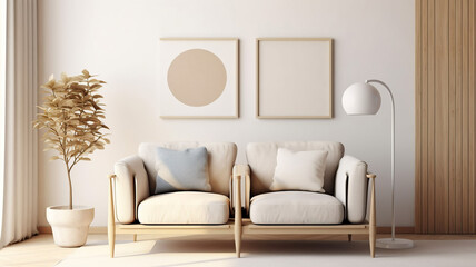Grey armchair near beige loveseat sofa against white wall with poster frames. Japandi home interior design of modern living room, Generative AI