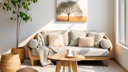 Cozy loveseat sofa near round accent coffee table. Scandinavian home interior design of modern living room in farmhouse, Generative AI