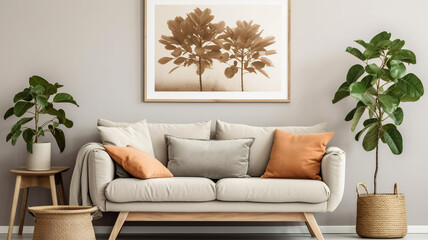Cute loveseat sofa next to potted houseplant Against wall with frame poster. Scandinavian home interior design of modern living room in farmhouse, Generative AI