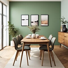 Wooden dining table and chairs against green wall with frames. Scandinavian, mid-century interior design of modern dining room, Generative AI