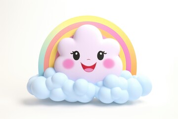 A cloud with a smiling face and a rainbow in the background.