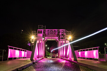 gabut lift bridge at La Rochelle. night shot with pink lights for pink october. Pink October is...