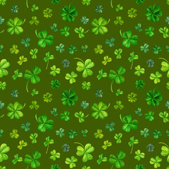 Watercolor seamless pattern with magic trefoil and four-leaf clovers. Illustrations with  natural texture in vintage style isolated on white background