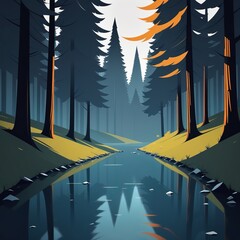 dark forest lake, vector illustration dark forest lake, vector illustration dark river with tre - obrazy, fototapety, plakaty