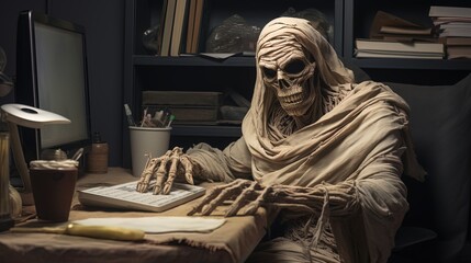 mummy working in office, concept of overwork and life at work - obrazy, fototapety, plakaty