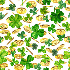 Watercolor seamless pattern with magic coins and trefoil and four-leaf clovers. Illustrations with metal and natural texture in vintage style isolated on white background