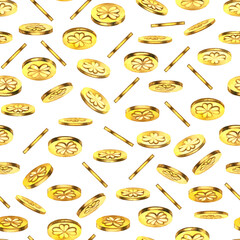Watercolor seamless pattern with magic coins and trefoil and four-leaf clovers. Illustrations with metal and natural texture in vintage style isolated on white background