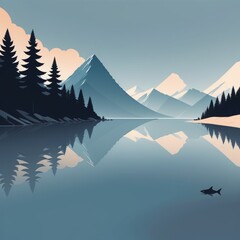 lake with mountain in forest lake with mountain in forest lake in mountains. vector illustration