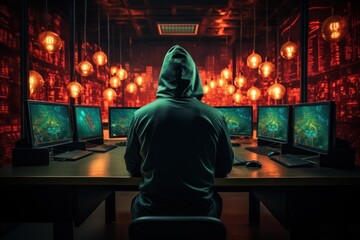 Hooded Figure at Cybersecurity Post, Vigilant in the Digital Arena