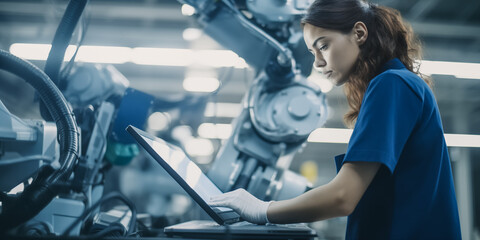 Young robotics engineer using laptop computer to analyze robotic machine. Concept in a high-tech factory and industry 4.0. Female scientist manipulates and programs the robot for work.