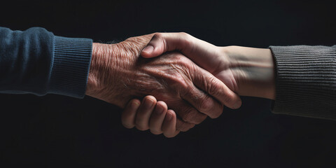 Fototapeta premium An old, wrinkled hand shaking hands with a young one. Help and care sign