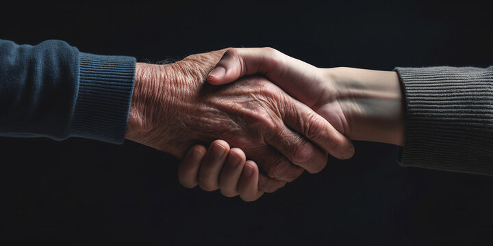 An old, wrinkled hand shaking hands with a young one. Help and care sign