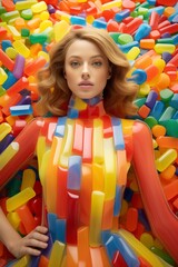 The image captures a fashion model enveloped in a sea of multicolored gummy candies, with her attire blending seamlessly into the vibrant confectionery landscape