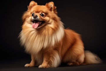 Obraz premium A small pomeranian dog sitting on a black surface.