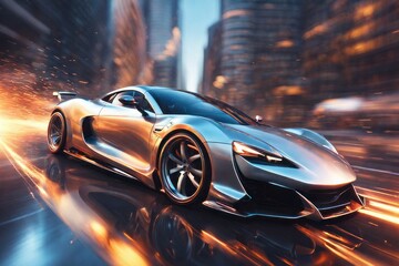 3d render of a futuristic car on the road. 3d render of a futuristic car on the road. 3d cg ren - obrazy, fototapety, plakaty