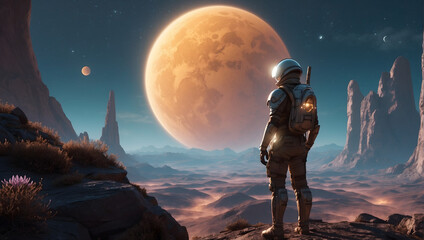An artistic portrayal featuring an explorer adorned with holographic armor and retro-futuristic elements, observing a holographic eclipse on an alien world.