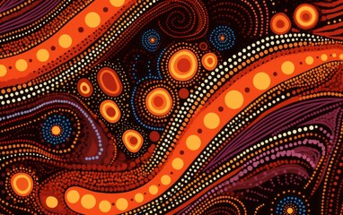 Vibrant Aboriginal Dot Painting with Spirals and Waves in Warm Tones - obrazy, fototapety, plakaty