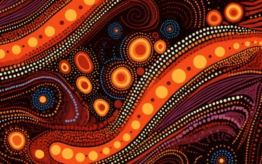 Tuinposter Vibrant Aboriginal Dot Painting with Spirals and Waves in Warm Tones © Dina