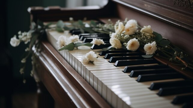 Piano well flowers room bouquet musical instrument photography image AI generated art