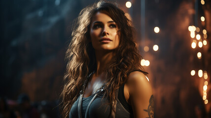 beautiful young woman posing in night city lights