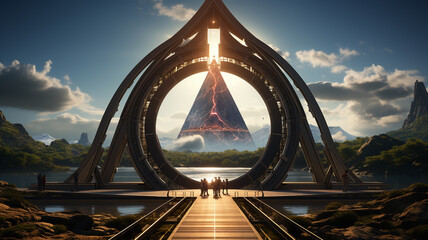 futuristic sci fi alien ship. fantasy landscape with alien spaceship.