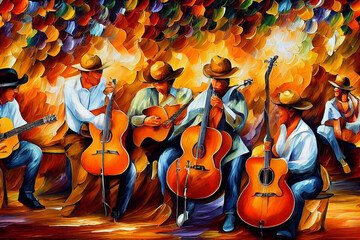 Sertanejo music perfomance digital illustration, musicians at the night street impressionism style painting, brasilian band with instruments festival