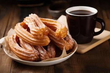 Tuinposter Gourmet Spanish churros served with hot chocolate © Adriana