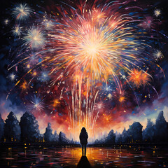 Fototapeta na wymiar Fireworks Painting Tree Line Background Wallpaper 4th Fourth of July New Year Generative AI