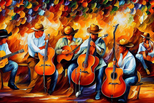 Sertanejo music perfomance digital illustration, musicians at the night street impressionism style painting, brasilian band with instruments festival