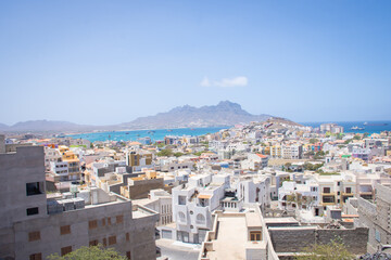 Landscape View to the main port and city, different house of Mindelo on the island of Sao Vicente, Cape Verde Islands, Africa