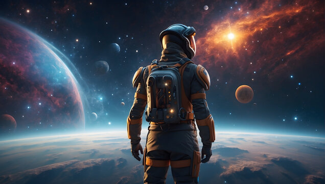 An image of an explorer in sleek futuristic attire standing amidst a cosmic nebula, their gear adorned with luminescent patterns, exploring the celestial wonders.