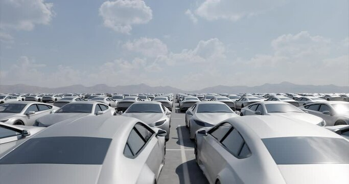 Endless Rows of Generic Sport Cars in Outdoor Parking Lot Against Mountainous Backdrop. 3d rendering concept of EV electric vehicle park.