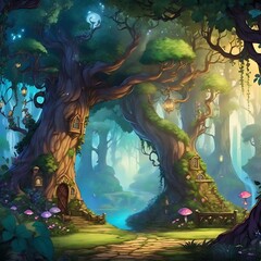 Fototapeta na wymiar A fairy tale-inspired comic backdrop featuring a mystical grove, where the trees have personalities, Generated By Ai