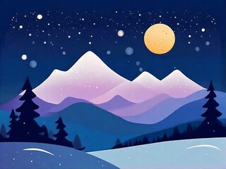 Magic night: snowy landscape in a naive style